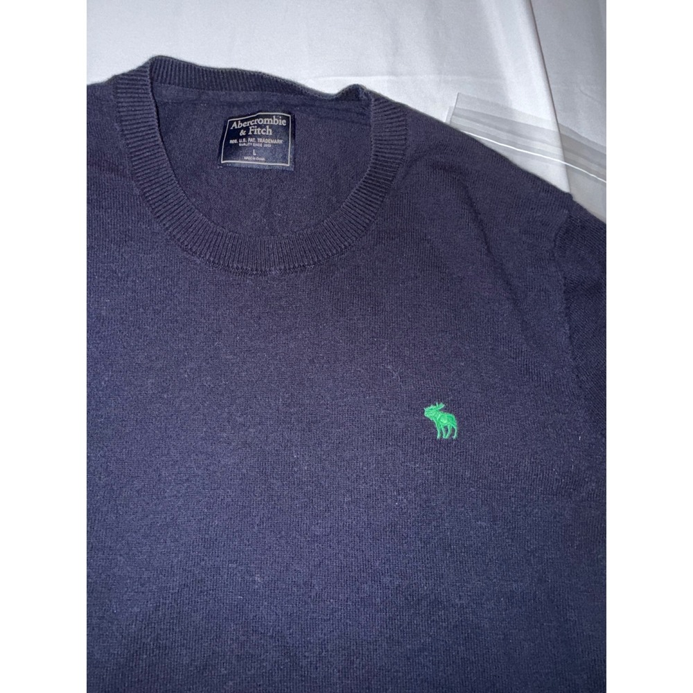 Abercrombie & Fitch Mens Navy Blue Crewneck Sweater Green Moose Logo Size L - Picture 2 of 5